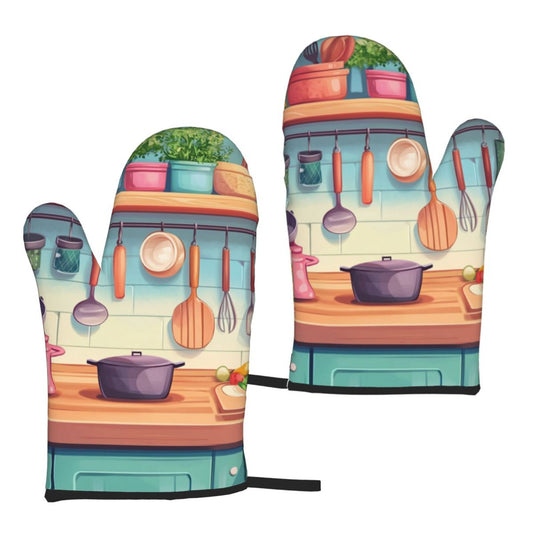 Cartoon Kitchen Illustration Oven Mitt｜Heat-Resistant Cooking Glove｜Soft Cotton Lining & Non-Slip Grip｜11×5.9in Baking Glove