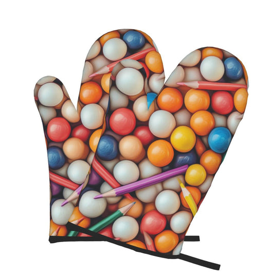 Colorful Bubble & Pencil Print Oven Mitt｜Cute Heat Resistant Kitchen Glove｜Non-Slip Insulated Baking Glove｜Size 11"x5.9"