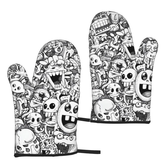 Black & White Graffiti Oven Mitt｜Creative Doodle Heat-Resistant Glove｜Insulated Cooking & Baking Glove｜Size 11"x5.9"